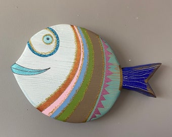 Painted Fir Wood Fish Wall Decor, Gift for Fisherman