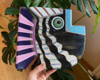 Schwarzer Holzfisch, Fisch Wandbehang aus Holz, Fisch handgemachte Holzwandbehang, bemalte Holzfische, Schwarzer Fisch