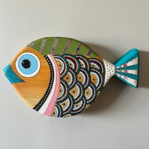 Hölzerne Fisch-Wandbehang, Fischkunst, handgemachte bunte hölzerne Fische, freier Versandwandbehang, hölzerne Fischskulptur