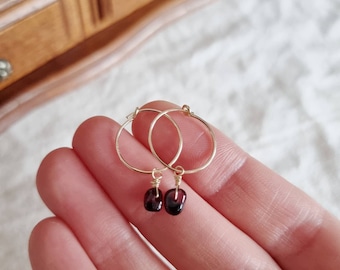Gold filled oorbellen met Granaatsteen hangers | Set van 2 oorbellen met edelstenen | Rode Garnet oorbellen