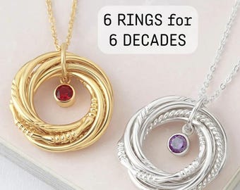 60th Birthday Gift For Woman, 60th Birthday Gift For Mom, Sister 60th Birthday, 6 Rings 6 Decades, 6 Interlocking Rings Necklace