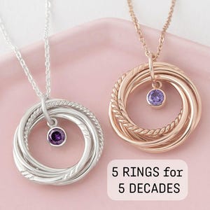 50th Birthday Gift For Mom • 50th Birthday Gift For Women • Gift for Grandma • 5 Interlocking Rings Necklace With Birthstone