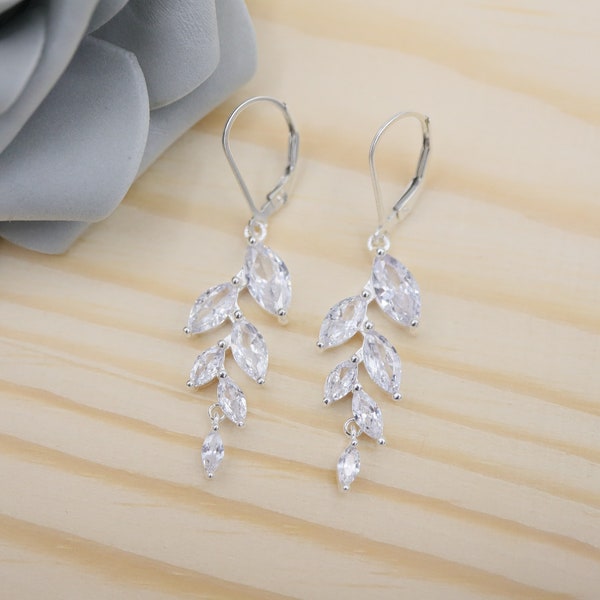 Dainty Diamond Olive Leaf Vine Earrings, Marquise Diamonds, CZ Cubic Zirconia, 925 Sterling Silver, Classic, Elegant, Bridal, Bridesmaid