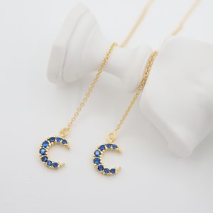 Dainty Crescent Moon Shaped Sapphire Threader Earrings, CZ Cubic Zirconia, 14K Gold Filled, Stylish, Gift For Her