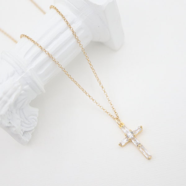 Emerald Cut Diamond Cross Pendant Necklace, CZ Cubic Zirconia, 14K Gold Filled, Elegant, Classic, Religious, Gift For Her