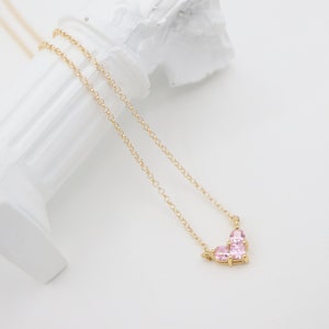Emerald Cut Pink Diamond Layered Pendant Necklace, Heart Shaped Necklace, CZ Cubic Zirconia, 14K Gold Filled, Fashion, Elegant, Gift For Her
