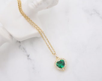 Vintage Heart Shaped Emerald Necklace With Diamond Halo, CZ Cubic Zirconia, 14K Gold Filled, Elegant, Dainty, Wedding Jewelry, Gift