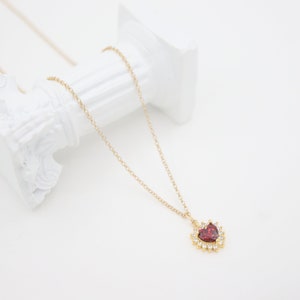 Heart Shaped Ruby Diamond Halo Pendant Necklace, CZ Cubic Zirconia, 14K Gold Filled, Bridal, Bridesmaid Gift, Wedding Party Jewelry