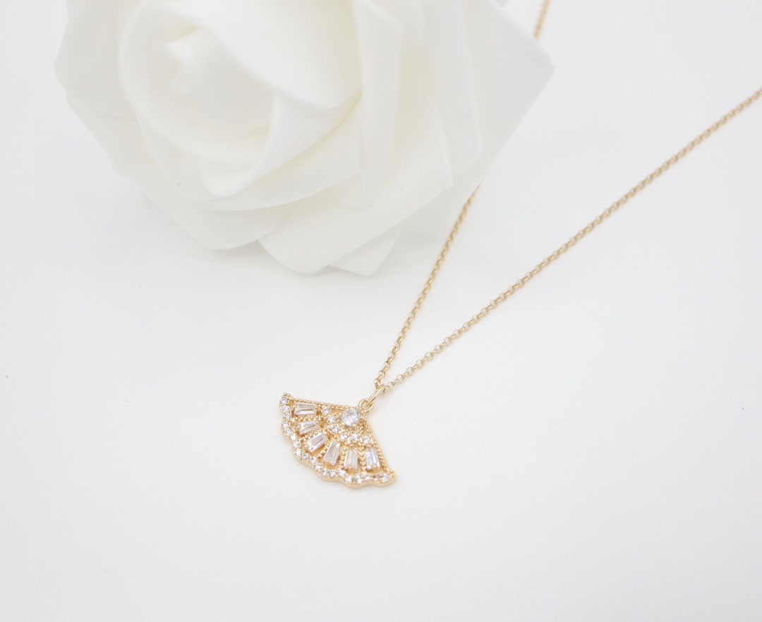 Vintage Fan Shaped Pendant Necklace Emerald Cut Diamond 14K Etsy