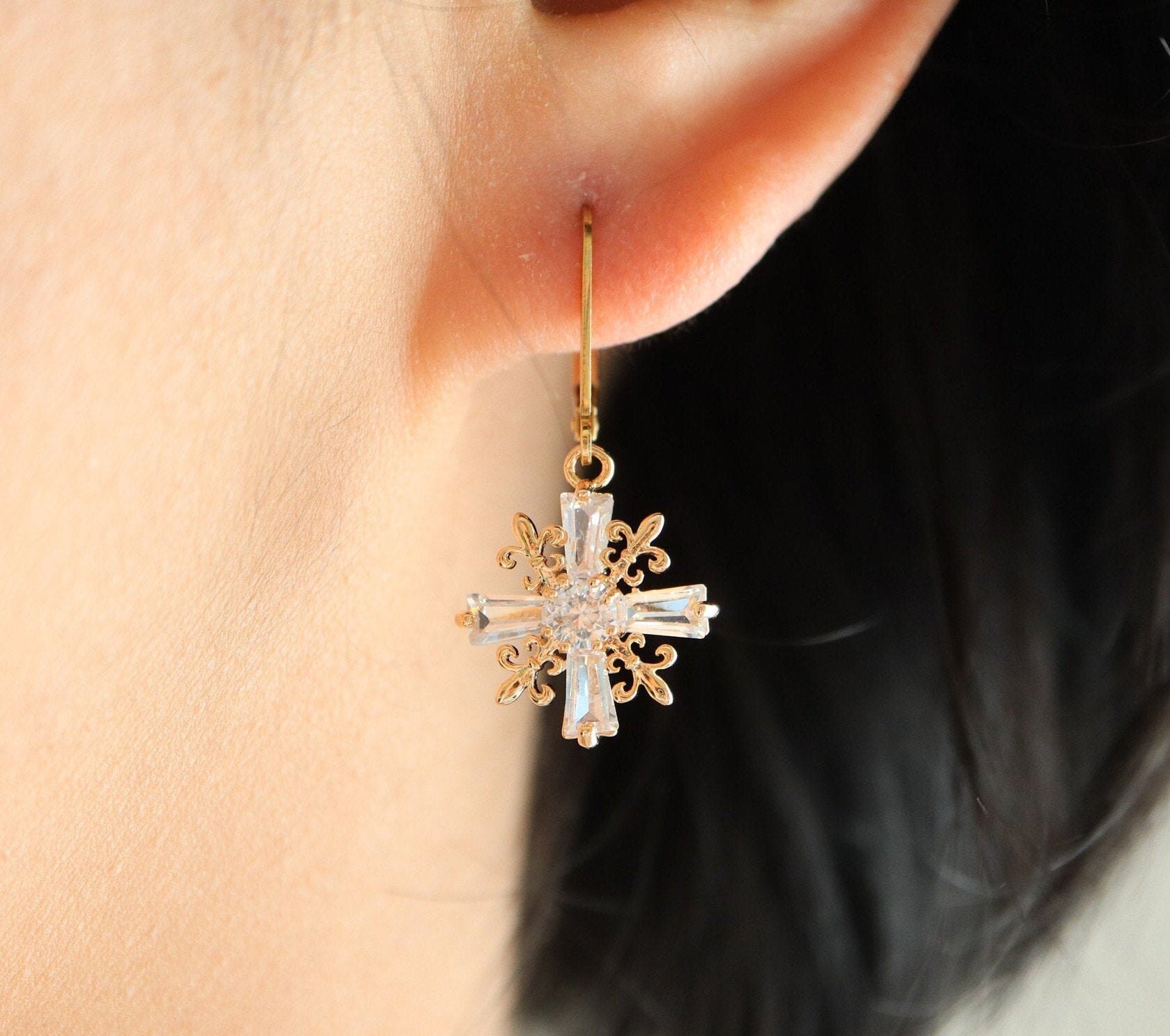 Emerald Cut Diamond Cross Dangle Earrings 14K Gold Filled CZ | Etsy Canada