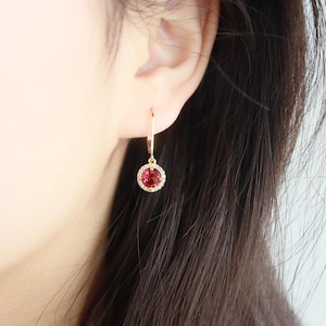 Classic Ruby Diamond Halo Dangle Earrings, 14K Gold Filled, CZ Cubic Zirconia, Elegant, Wedding Party Jewelry, Bridal, Bridesmaid Gift