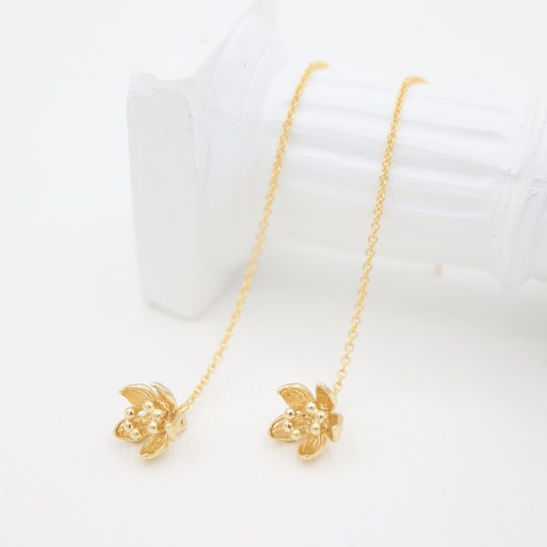 Delicate Gold Flower Threader Earrings, 14K Gold Filled, Stylish, Fashion, Elegant, Gift For Her