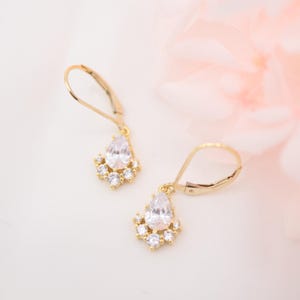 Dainty Pear Shaped Diamond Dangle Earrings, Teardrop CZ Cubic Zirconia, 14K Gold Filled, Wedding Party Jewelry, Bridal, Bridesmaid Gift