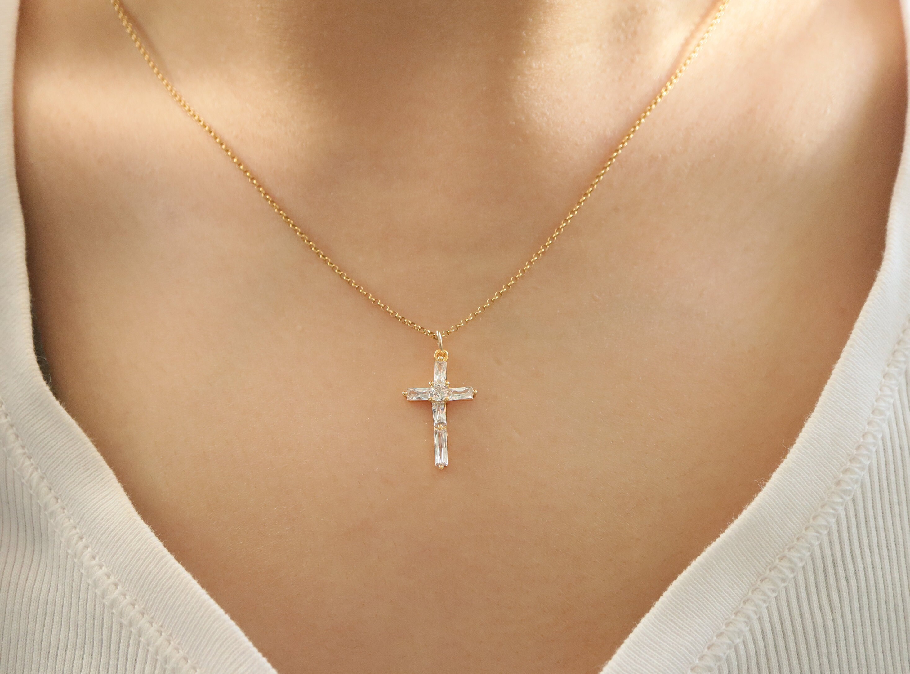 Emerald Cut Diamond Cross Pendant Necklace CZ Cubic Zirconia Etsy Ireland