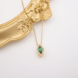 Vintage Marquise Emerald Necklace With Diamond Halo, CZ Cubic Zirconia, 14K Gold Filled, Elegant, Dainty, Wedding Jewelry, Gift