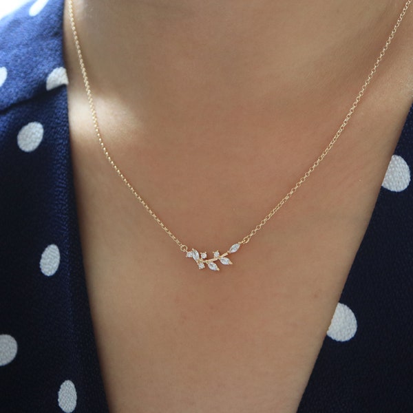 Olive Leaf Vine Pendant Necklace, Diamond Leaf, Diamond Branch, 14K Gold Filled, CZ Cubic Zirconia, Elegant, Bridal, Bridesmaid Necklace