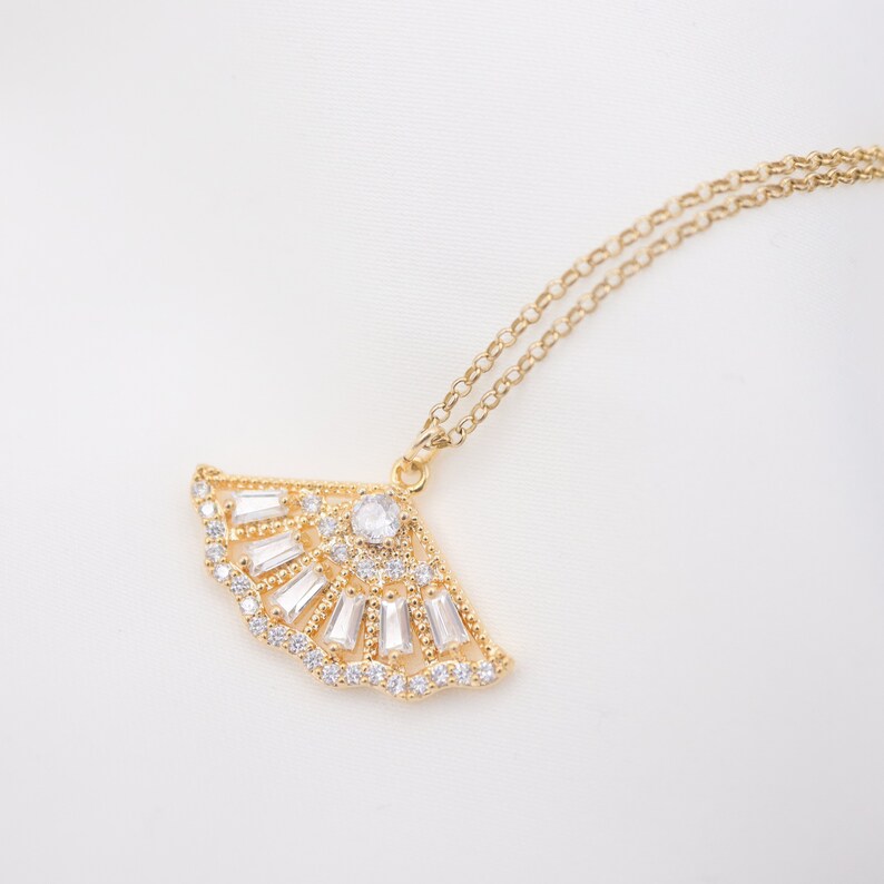 Vintage Fan Shaped Pendant Necklace Emerald Cut Diamond 14K Etsy