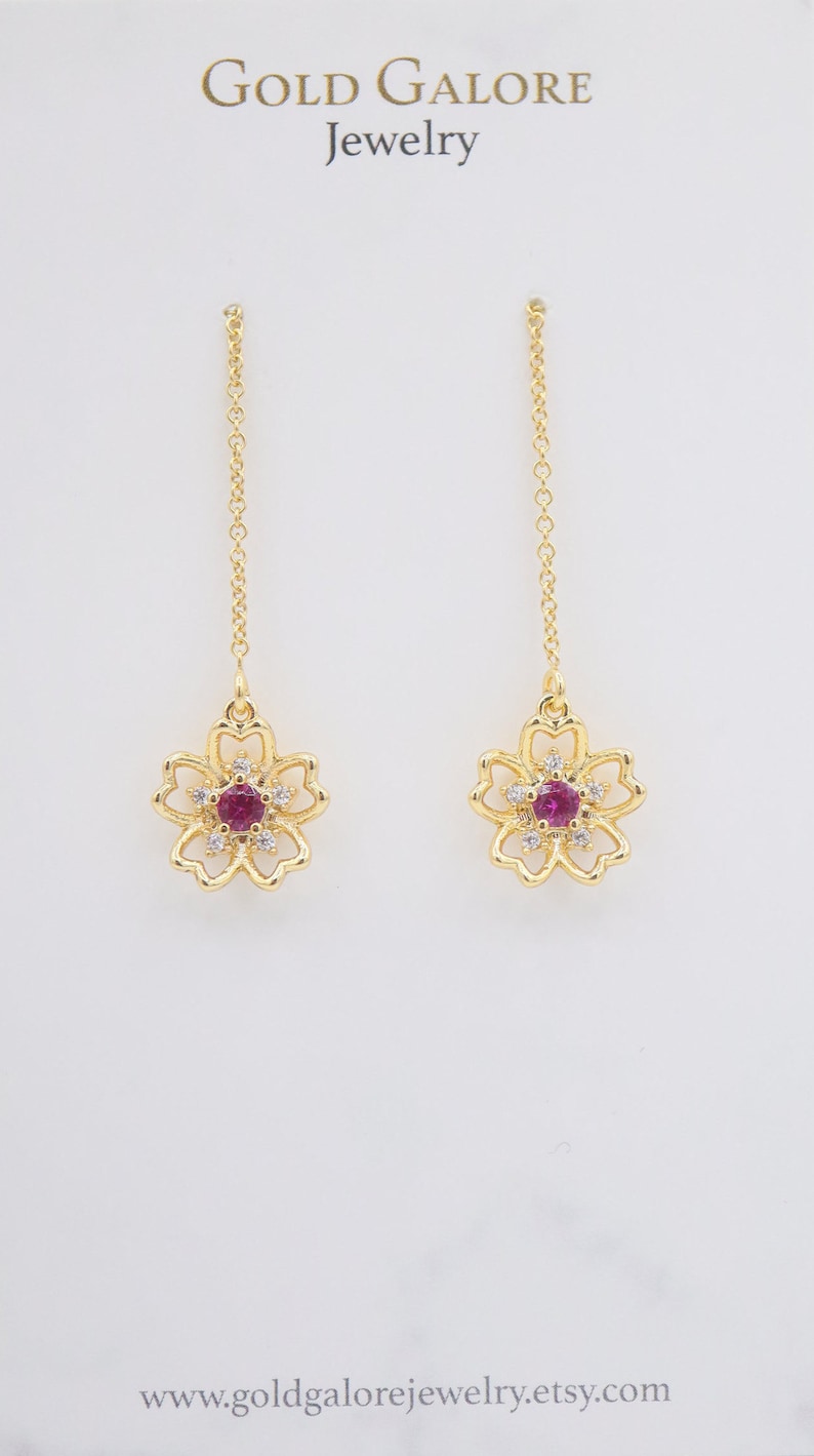 Gift For Her Dainty Cherry Blossom Threader Earrings Tiny Ruby Sakura Fashion Elegant CZ Cubic Zirconia 14K Gold Filled