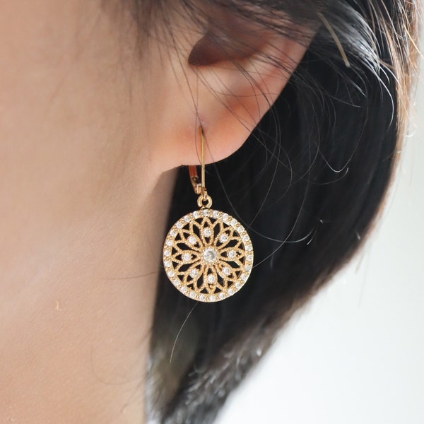 Diamond Floral Filigree Earrings, French Lace, CZ Cubic Zirconia, 14K Gold Filled, Classic, Vintage, Elegant, Gift For Her