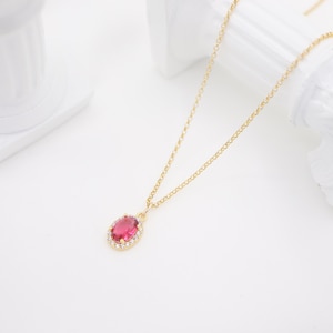Dainty Oval Shaped Ruby Diamond Halo Pendant Necklace, CZ Cubic Zirconia, 14K Gold Filled, Wedding Party Jewelry, Bridal, Bridesmaid Gift
