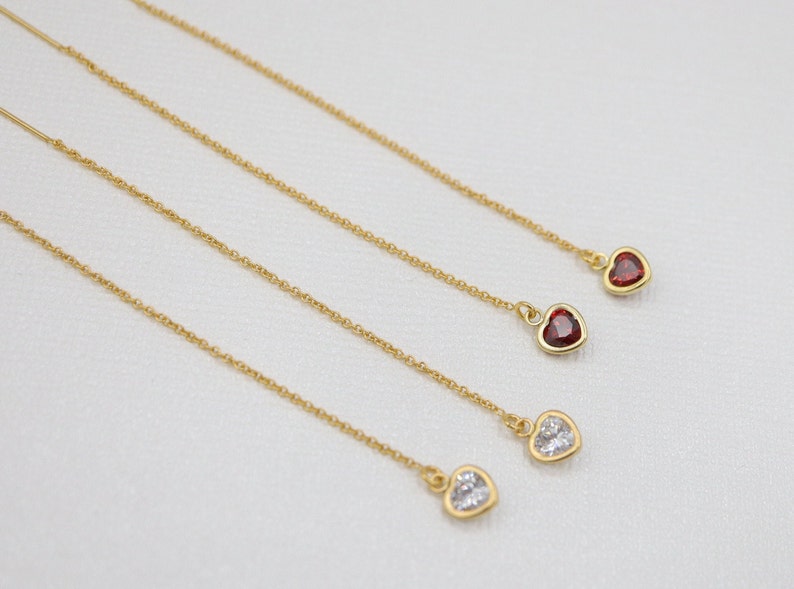 Party Jewelry Bridesmaid Gift Dainty CZ Cubic Zirconia Bridal Earrings Red Ruby Gold Filled Heart Diamond Threader Earrings
