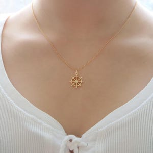 Vintage Gold Ship Steering Wheel Pendant Necklace, 14K Gold Filled, Stylish, Fashion, Gift For Her