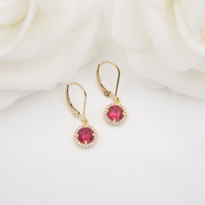 Ruby Diamond Halo Dangle Earrings, 14K Gold Filled, Round Cut CZ Cubic Zirconia, Elegant, Classic, Bridal, Bridesmaid, Birthday Gift