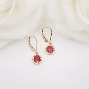 Classic Ruby Diamond Halo Dangle Earrings, 14K Gold Filled, CZ Cubic Zirconia, Elegant, Wedding Party Jewelry, Bridal, Bridesmaid Gift