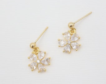 Dainty Diamond Flower Dangle Earrings, Pear Shaped Diamond, CZ Cubic Zirconia, 14K Gold Filled, Floral, Cluster, Bridal, Bridesmaid