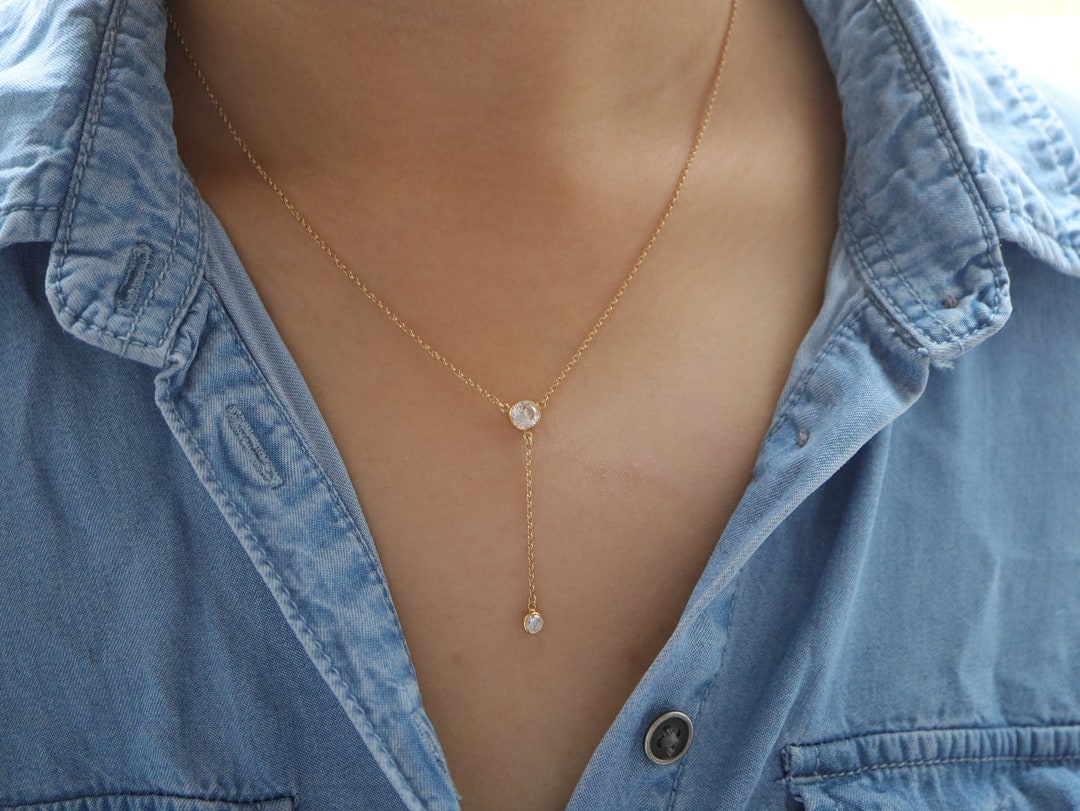 Classic Diamond Drop Y Shaped Necklace, Diamond Lariat Necklace, 14K