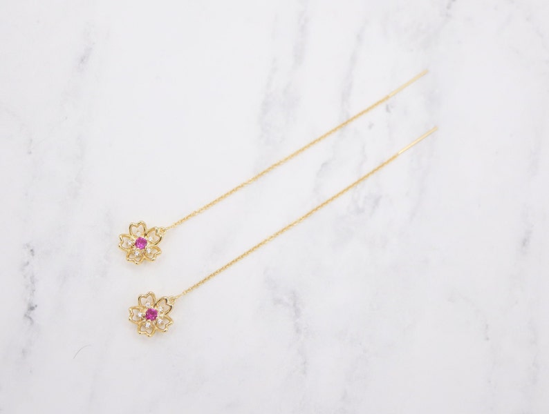 Gift For Her Dainty Cherry Blossom Threader Earrings Tiny Ruby Sakura Fashion Elegant CZ Cubic Zirconia 14K Gold Filled