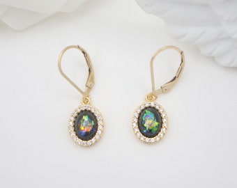 Black Oval Opal Diamond Dangle Earrings, CZ Cubic Zirconia, 14K Gold Filled, Classic, Vintage, Elegant, Gift For Her