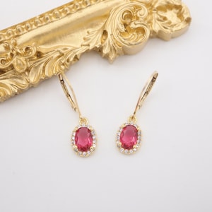Boucles d'oreilles pendantes classiques ovales avec halo de diamants, rubis, or 14 carats, zircone cubique CZ, bijoux de fête de mariage, mariée, demoiselle d'honneur, cadeau d'anniversaire