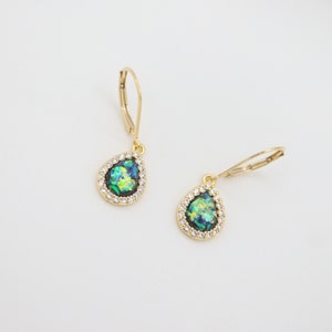 Pear Shaped Black Opal Diamond Dangle Earrings, CZ Cubic Zirconia, 14K Gold Filled, Classic, Vintage, Gift For Her