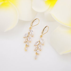 Dainty Marquise Diamond Olive Leaf Vine Earrings, CZ Cubic Zirconia, 14K Gold Filled, Bridal, Bridesmaid Gift, Wedding Party Jewelry