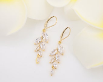 Boucles d'oreilles fines diamants feuille d'olivier, diamants marquise, zircone cubique CZ, or 14 carats, mariée, demoiselle d'honneur, mariage, cadeau d'anniversaire