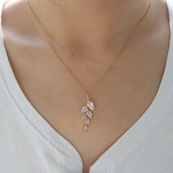 Olive Leaf Vine Pendant Necklace, Diamond Leaf, Diamond Branch, 14K Gold Filled, Marquise CZ Cubic Zirconia, Bridal, Bridesmaid Gift