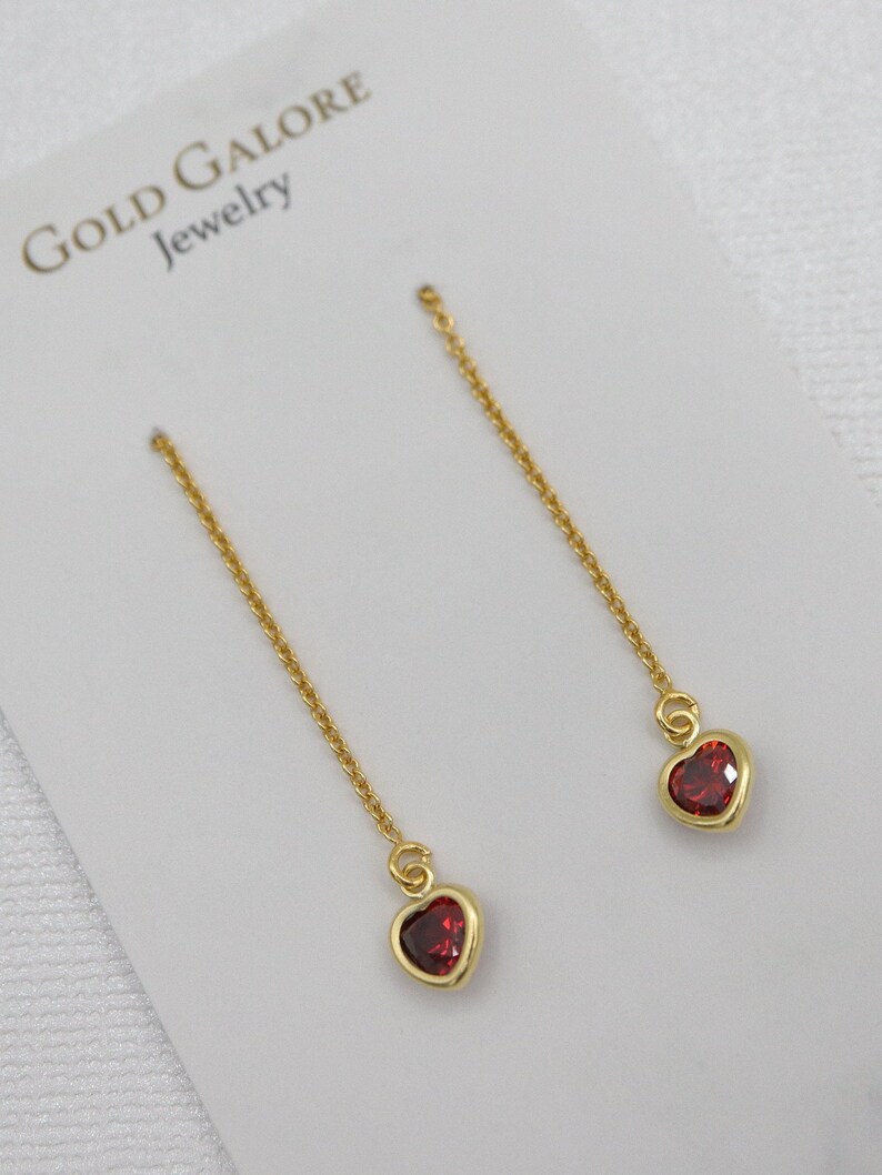 Party Jewelry Bridesmaid Gift Dainty CZ Cubic Zirconia Bridal Earrings Red Ruby Gold Filled Heart Diamond Threader Earrings