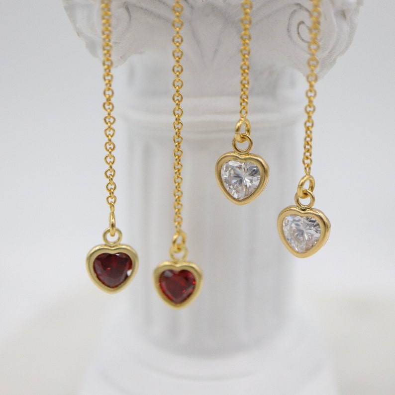 Party Jewelry Bridesmaid Gift Dainty CZ Cubic Zirconia Bridal Earrings Red Ruby Gold Filled Heart Diamond Threader Earrings