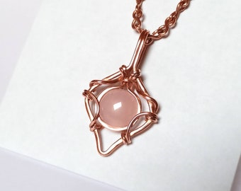 Light pink quartz gemstone necklace - boho handwoven wire wrapped copper pendant - elven celtic wire weaving jewelry - gift for mom