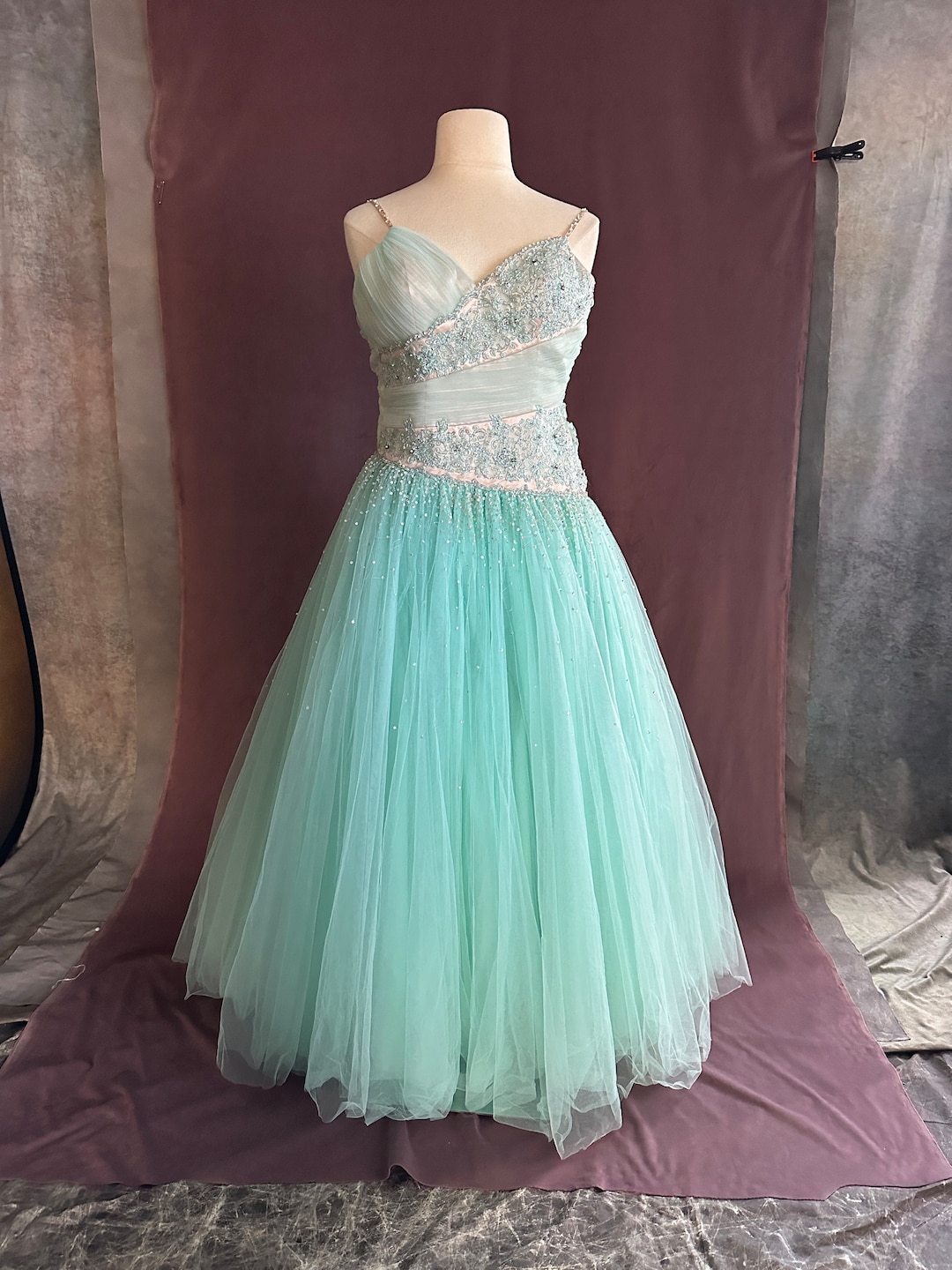 One-Shoulder Glitter Tulle Gown with Lace-Up Back Mint Green main image 1