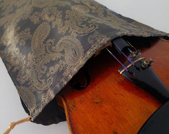 Borsa a tracolla in seta per violino - Fantasia paisley color canna di fucile e oro