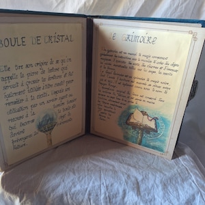 Peut inclure: Un livre ouvert avec une couverture bleue et dorée, intitulé "Le Grimoire". Le livre est ouvert à une page avec un dessin d'un livre sur un piédestal, entouré d'un cercle bleu avec des accents dorés. Le texte sur la page est en français.