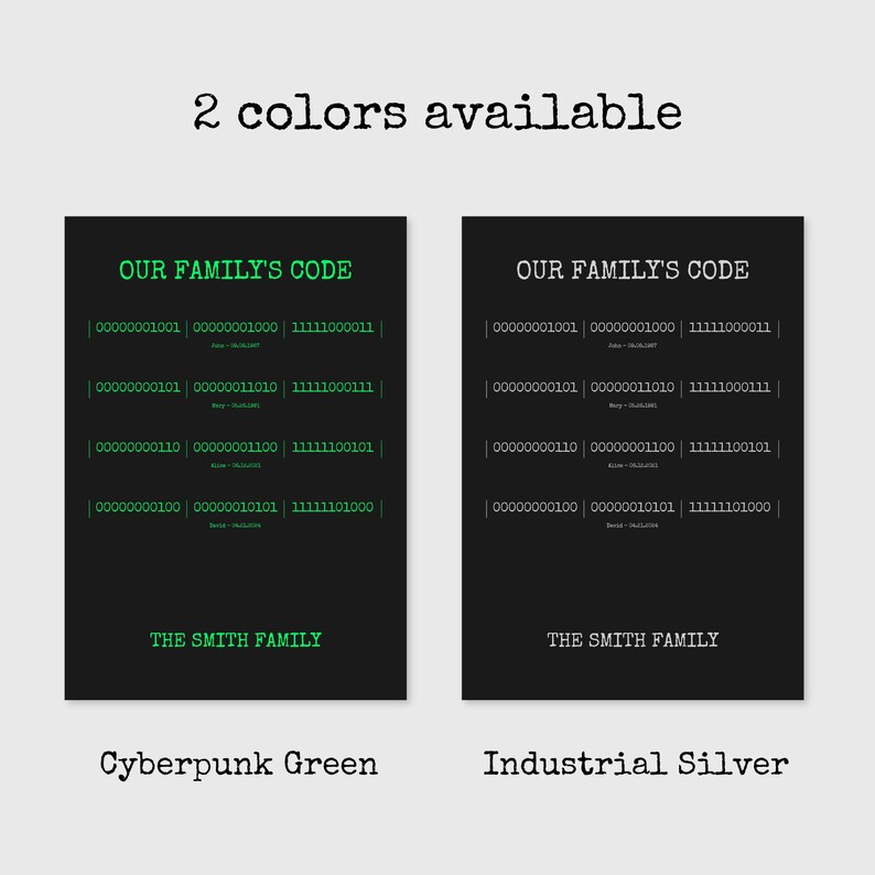 K&ouml;nnte beinhalten: Zwei rechteckige Poster mit dem Text 2 colors available oben. Jedes Poster zeigt den Titel OUR FAMILY'S CODE, Zeilen mit Bin&auml;rsequenzen und den Text THE SMITH FAMILY unten. Eines ist in Gr&uuml;n, das andere in Silber gehalten.