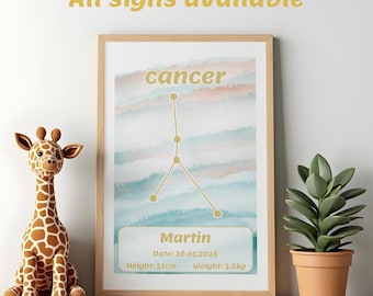 Custom Zodiac Birth Announcement Print, Personalized Star Sign Nursery Decor, Constellation Baby Gift, Minimalist Astrology Poster Digital