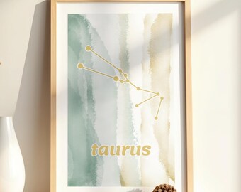 Taurus Zodiac Constellation Print, Astrology Wall Art, Taurus Horoscope Gift, Watercolor Aesthetic Poster, Minimalist Star Map