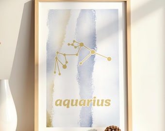Aquarius Zodiac Constellation Print, Astrology Wall Art, Aquarius Horoscope Gift, Watercolor Aesthetic Poster, Minimalist Star Map