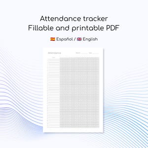 Puede incluir: Un documento PDF de seguimiento de asistencia rellenable e imprimible con el texto Attendance, Month y Year. El diseño incluye una lista numerada de filas a la izquierda y una cuadrícula de casillas vacías a la derecha para el registro diario.