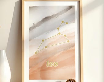 Leo Zodiac Constellation Print, Astrology Wall Art, Leo Horoscope Gift, Watercolor Aesthetic Poster, Minimalist Star Map