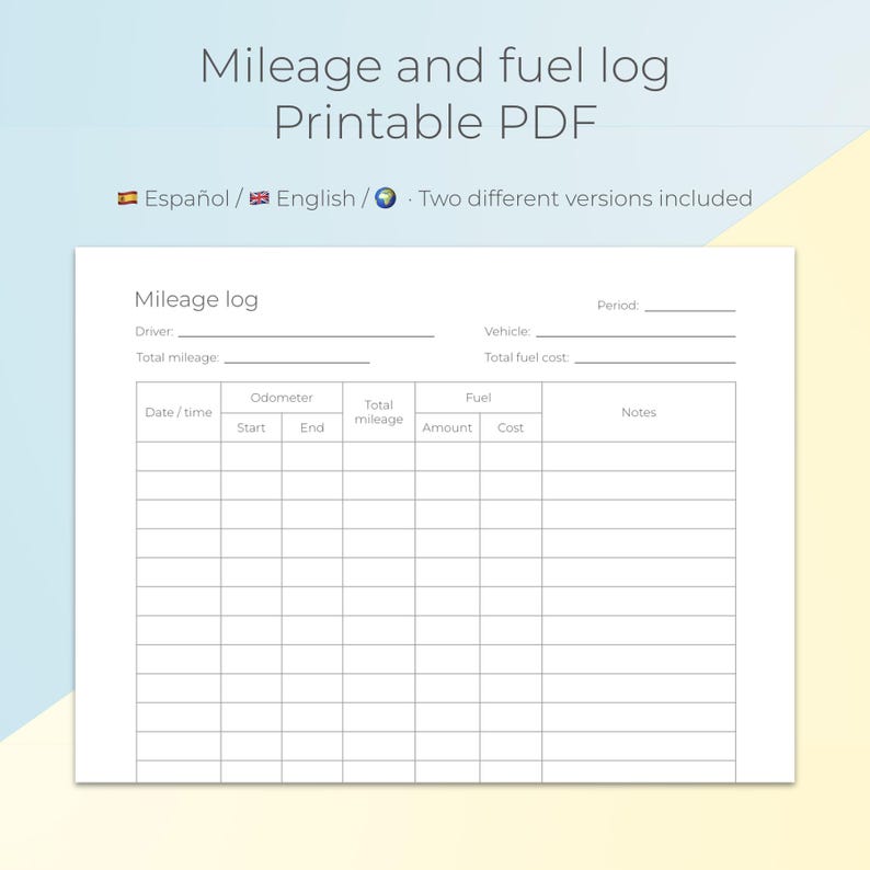 Mileage and Fuel Log · Printable PDF · English and Spanish - Etsy